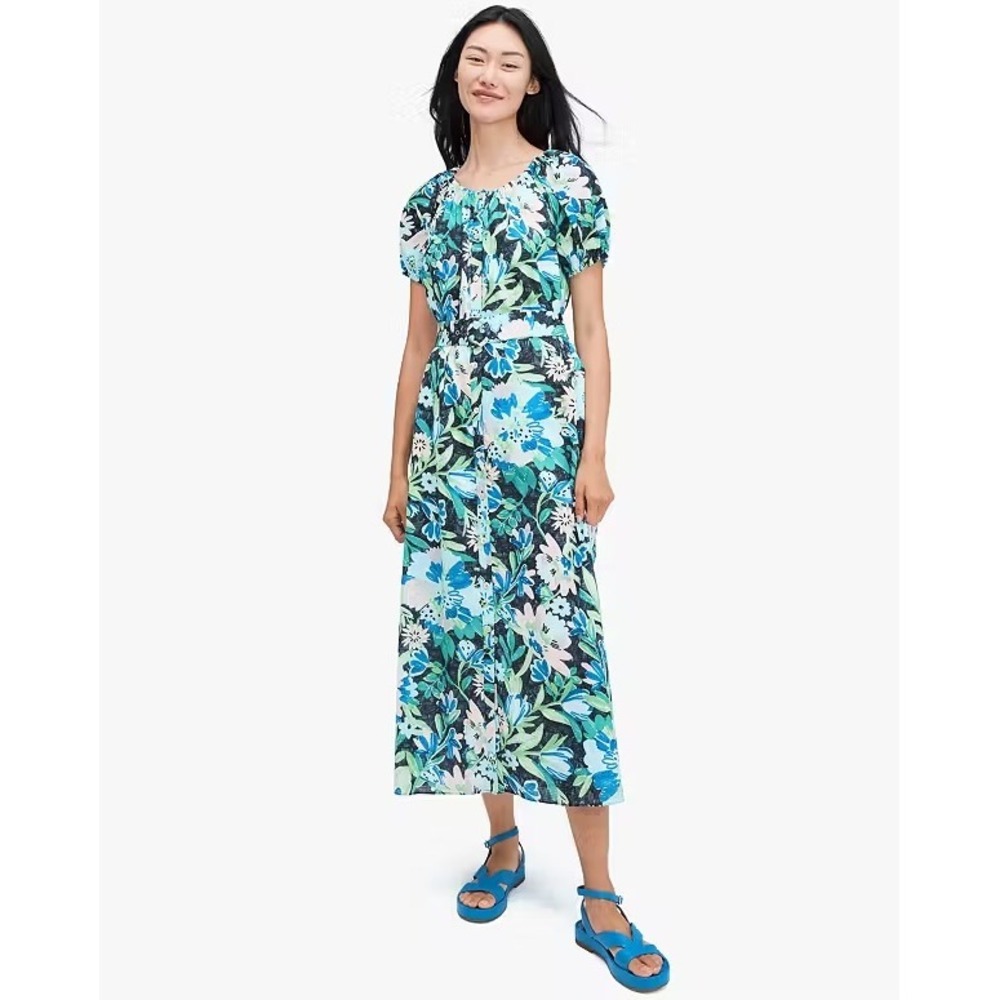 Kate Spade Full Bloom Voile Long Dress Floral Button Front Belted Blue Green XL
